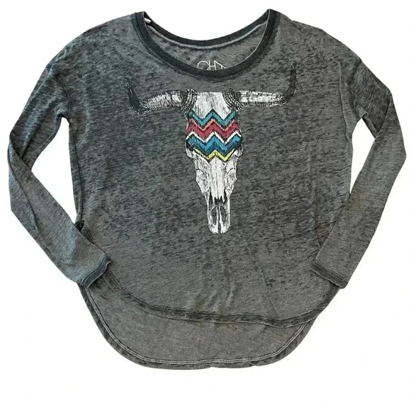 Chaser Burnout Cow Skull Long Sleeve Top Size Small - Picture 1 of 7